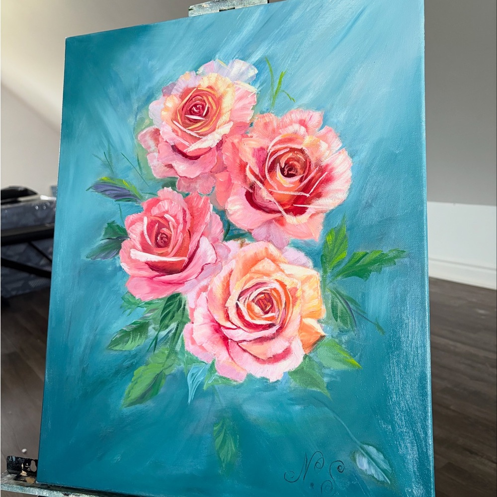 Floral Art Canvas with Pink and Green Accents